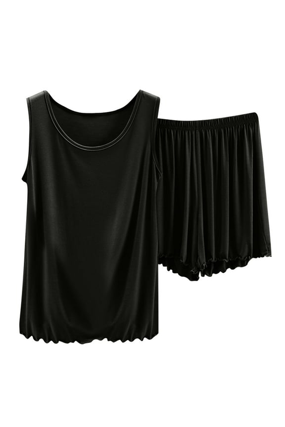 Women's Round Neck Sleeveless Pajama Set Soft Breathable Modal Cotton Polyester Blend Loose Shorts and Top for Hot Summer Cool Comfortable Sleepwear Loungewear
