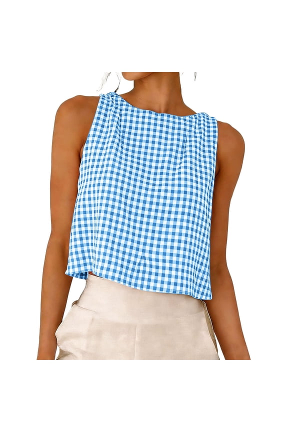 Women's Round Neck Sleeveless Plaid Tank Top Reversible Casual Summer Blouse Soft Cotton