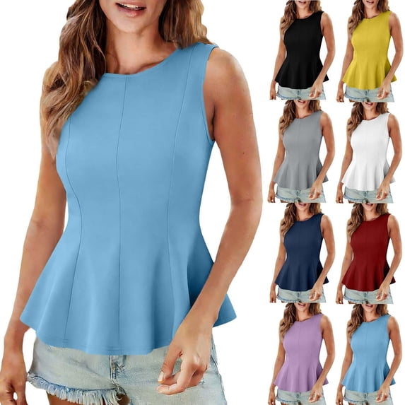 Paiwinds Women's Round Neck Sleeveless Slim Fit Tank Top Casual Solid Color Blouse Soft Polyester Spandex