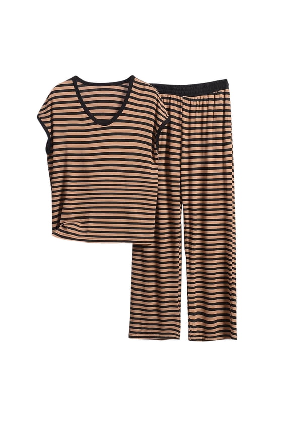 Women’s Round Neck Sleeveless Stripe Lounge Set - Soft Modal Cotton Polyester Blend, Wide-Leg Pants for Comfortable Home Wear