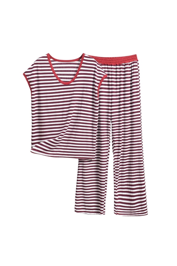 Women’s Round Neck Sleeveless Stripe Lounge Set - Soft Modal Cotton Polyester Blend, Wide-Leg Pants for Comfortable Home Wear