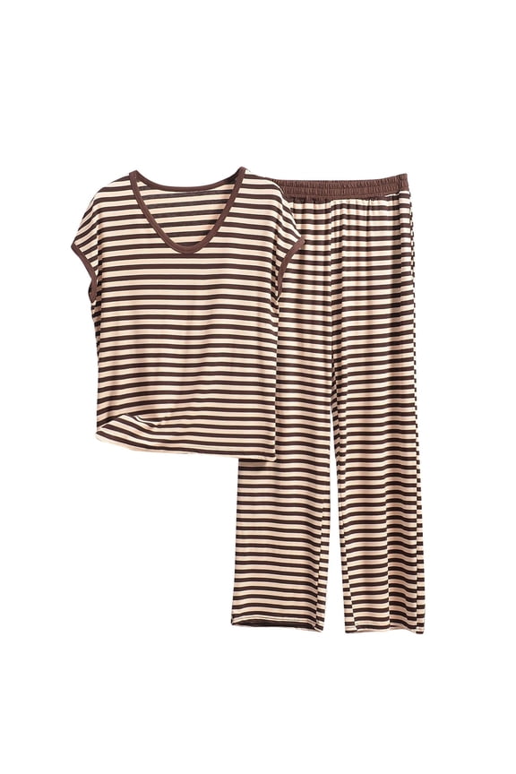 Women’s Round Neck Sleeveless Stripe Lounge Set - Soft Modal Cotton Polyester Blend, Wide-Leg Pants for Comfortable Home Wear