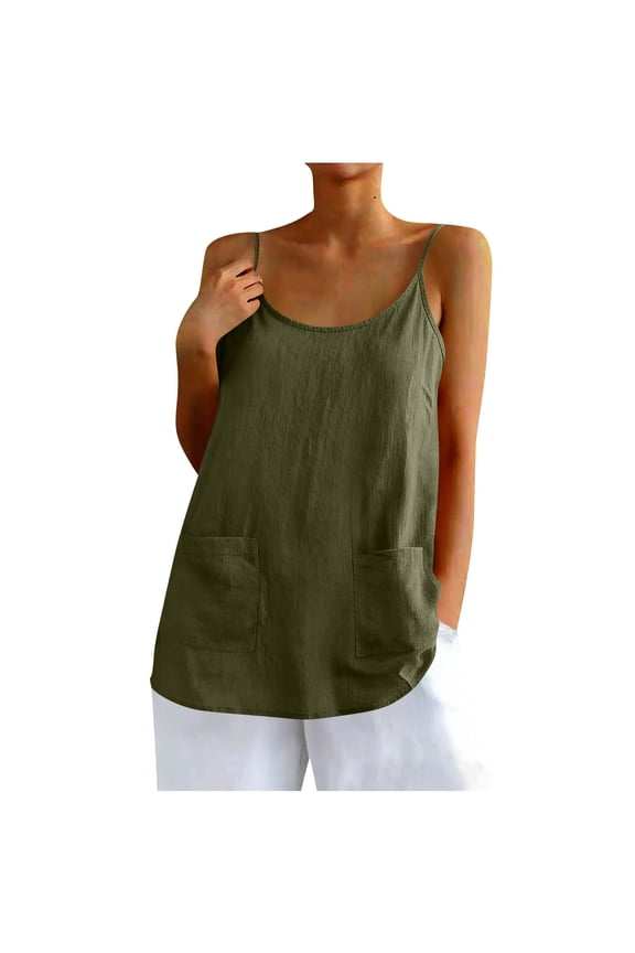 Women's Round Neck Sleeveless Tank Top with Pocket Casual Solid Color Camisole Soft Cotton Linen