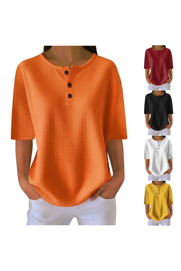Women's Round Neck Solid Color Pullover Short Sleeve Top, Waffle Knit Texture Casual T-Shirt for Daily Wear and Layering, Soft Polyester Rayon Cotton Spandex Blend Comfortable Loose Fit