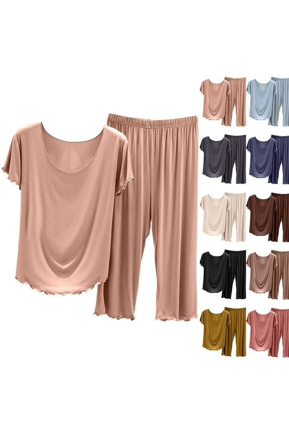 Women’s Ruffle Detail Cropped Pajama Set - Short Sleeve Top & Trousers, Stylish Nylon Spandex for Summer Lounge