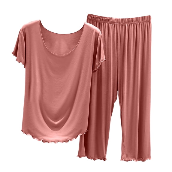 Paiwinds Women’s Ruffle Detail Cropped Pajama Set - Short Sleeve Top & Trousers, Stylish Nylon Spandex for Summer Lounge