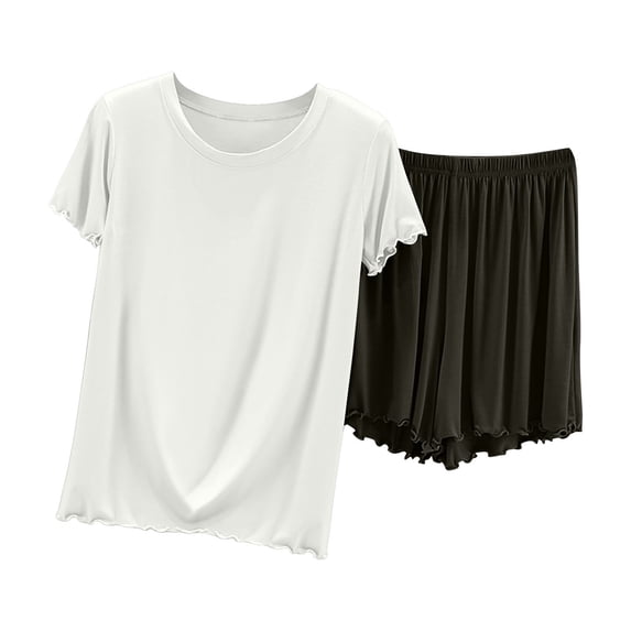 Paiwinds Women’s Ruffle Detail Pajama Set - Short Sleeve Top & High-Waist Shorts, Cute Nylon Spandex Loungewear