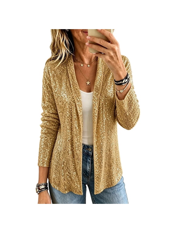 Women's Sequin Cardigan Open Front Long Sleeve Party Jacket Sparkly Glitter Outerwear for Women Evening Night Out Holiday