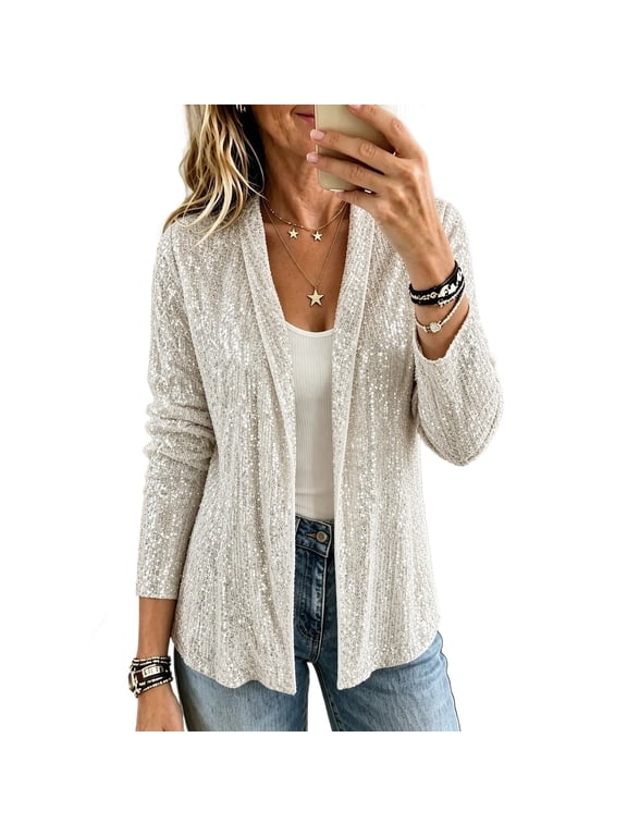 Women's Sequin Cardigan Open Front Long Sleeve Party Jacket Sparkly Glitter Outerwear for Women Evening Night Out Holiday