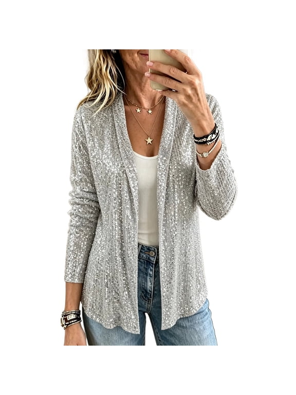Women's Sequin Cardigan Open Front Long Sleeve Party Jacket Sparkly Glitter Outerwear for Women Evening Night Out Holiday