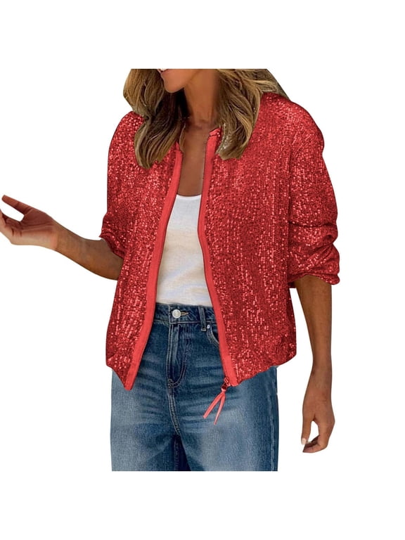 Women's Sequin Zip Up Jacket Long Sleeve Cropped Bomber Coat Casual Party Outerwear for Women Winter Holiday Clubwear Glitter Shiny Top