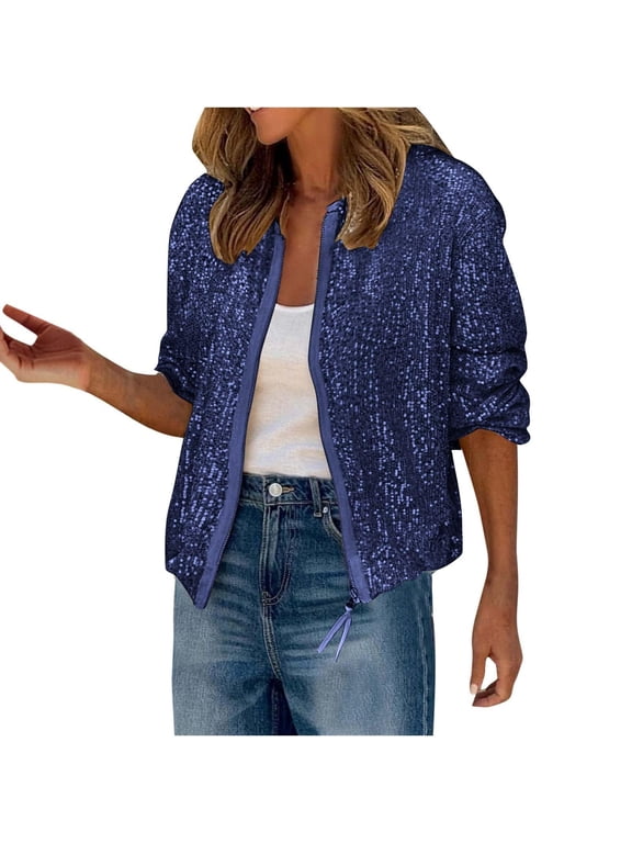 Women's Sequin Zip Up Jacket Long Sleeve Cropped Bomber Coat Casual Party Outerwear for Women Winter Holiday Clubwear Glitter Shiny Top
