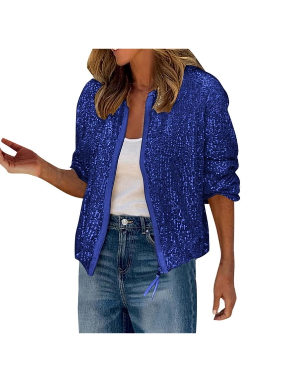 Women's Sequin Zip Up Jacket Long Sleeve Cropped Bomber Coat Casual Party Outerwear for Women Winter Holiday Clubwear Glitter Shiny Top