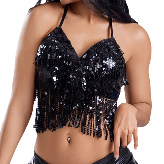 Paiwinds Women's Sequined Belly Dance Top, Sparkly Fringe Tassel Bandage Bra for Performance & Party, Free Size Adjustable
