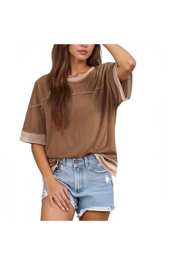 Women's Short Sleeve Color Block T-Shirt Casual Oversized Crewneck Blouse Soft Nylon Spandex