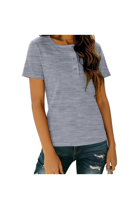 Women's Short Sleeve Crew Neck Button T-Shirt Casual Ribbed Knit Top Soft Polyester Rayon