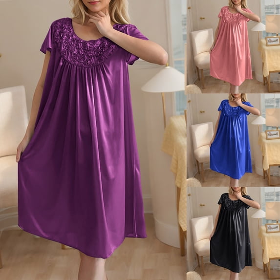 Paiwinds Women's Short Sleeve Lace Nightdress Plus Size - Breathable Ice Silk Mid-Length Sleepwear for Summer, Comfortable Nightgown, Free Size