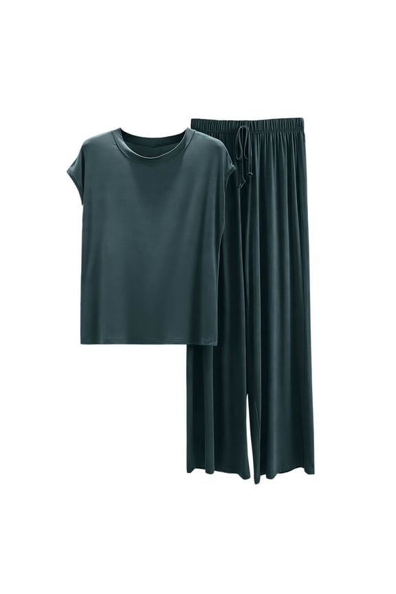 Women's Short Sleeve Pajama Set Solid Color Modal Cotton Blend Loose Fit Summer Sleepwear, Sizes M-XXL