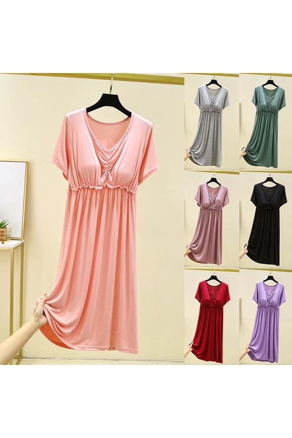 Womenâs Short Sleeve V-Neck Nightgown with Chest Pad - Loose Modal Blend Robe for Home, Below-Knee Comfortable Sleepwear, Free Size