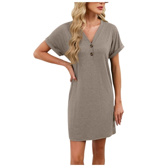 Paiwinds Women‘s Short Sleeve V-Neck Sleepshirt - Casual Solid Color Home Nightgown, Simple and Comfortable Above-Knee Sleep Dress, S-2XL