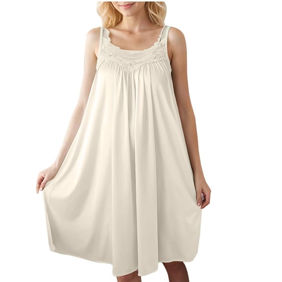 Paiwinds Women's Sleeveless Lace Nightdress Plus Size - Breathable Ice Silk Mid-Length Sleepwear for Summer, Comfortable and Loose Fit, Free Size