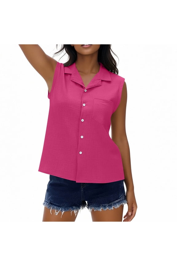 Women's Sleeveless Lapel Button Front Shirt with Pocket Casual Solid Color Blouse Soft Polyester