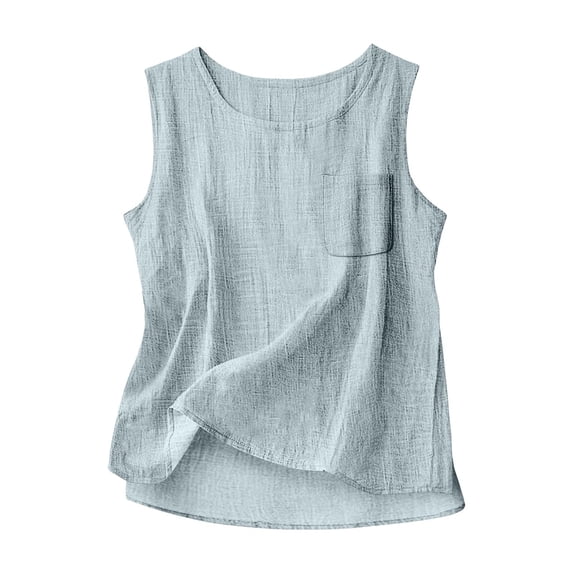 Paiwinds Women's Sleeveless Linen Blend Tank Top with Pocket, Casual Loose Fit Summer Blouse, Solid Color Round Neck Tunic Shirt