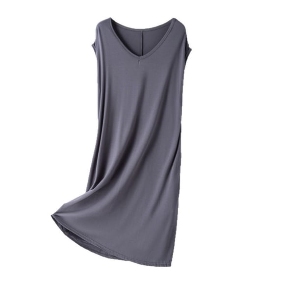 Paiwinds Women's Sleeveless V-Neck Drawstring Nightgown - Loose Modal Blend Mid-Length Sleepshirt for Home Relaxation
