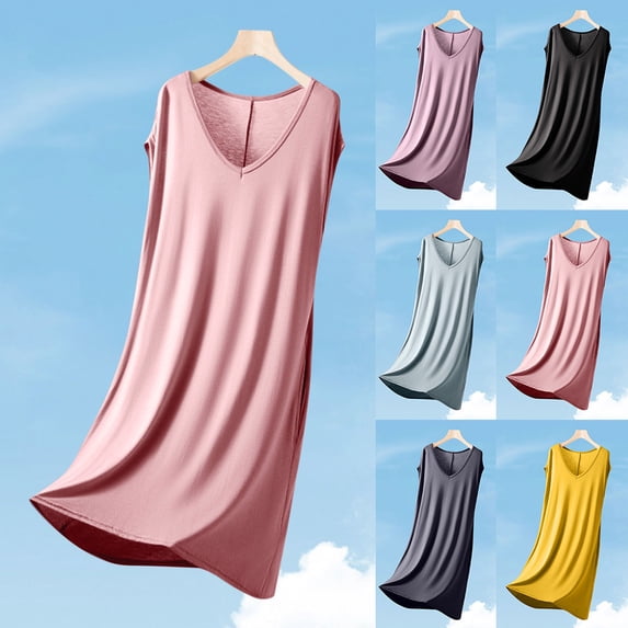 Paiwinds Women's Sleeveless V-Neck Drawstring Nightgown - Loose Modal Blend Mid-Length Sleepshirt for Home Relaxation