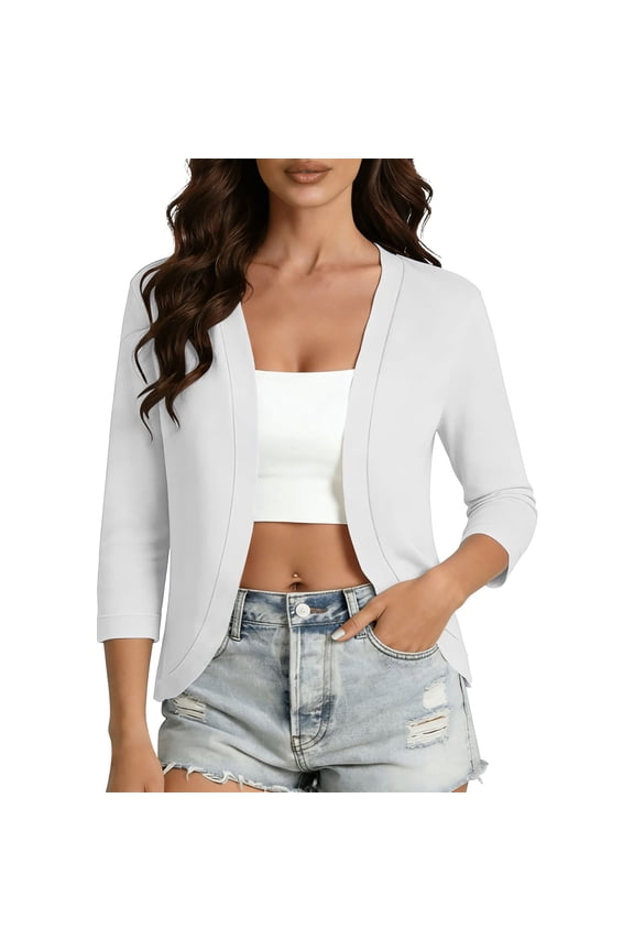 Women's Solid Color 3/4 Sleeve Lightweight Casual Cardigan Jacket Open Front Blazer for Spring Summer