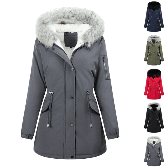 Paiwinds Women's Solid Color Hooded Parka with Waist Bandage Zipper Waterproof Windproof Long Sleeve Coat for Outdoor Winter Activities