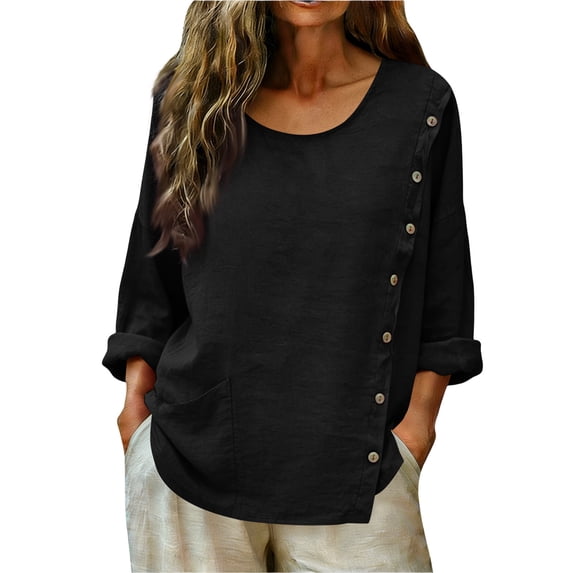 Paiwinds Women's Solid Color Linen Button Down Top Casual Long Sleeve Shirt with Side Pockets and Scoop Neck Lightweight Loose Blouse for Summer