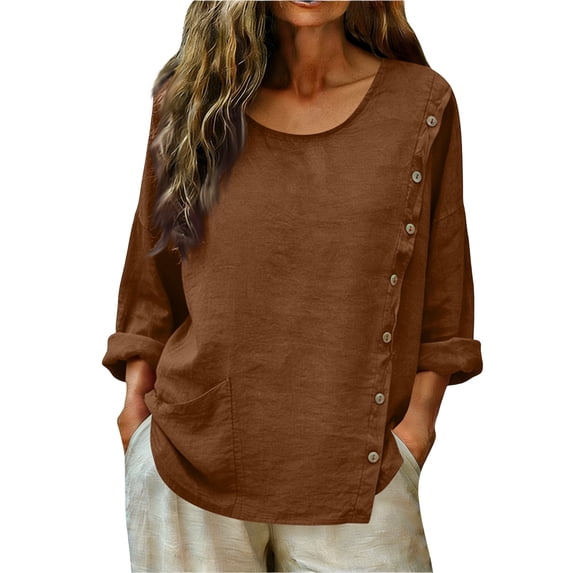 Paiwinds Women's Solid Color Linen Button Down Top Casual Long Sleeve Shirt with Side Pockets and Scoop Neck Lightweight Loose Blouse for Summer