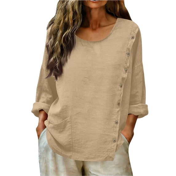 Paiwinds Women's Solid Color Linen Button Down Top Casual Long Sleeve Shirt with Side Pockets and Scoop Neck Lightweight Loose Blouse for Summer