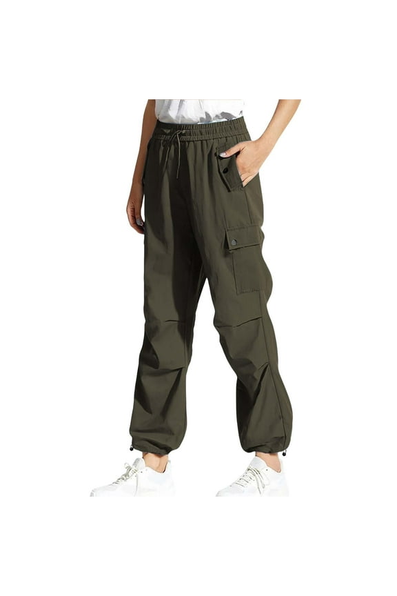 Women's Solid Color Straight Leg Work Pants with Pockets, Elastic Waist, Button Front, Cargo Style, Sturdy, Multiple Colors.