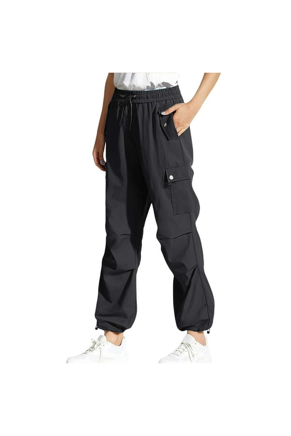 Women's Solid Color Straight Leg Work Pants with Pockets, Elastic Waist, Button Front, Cargo Style, Sturdy, Multiple Colors.