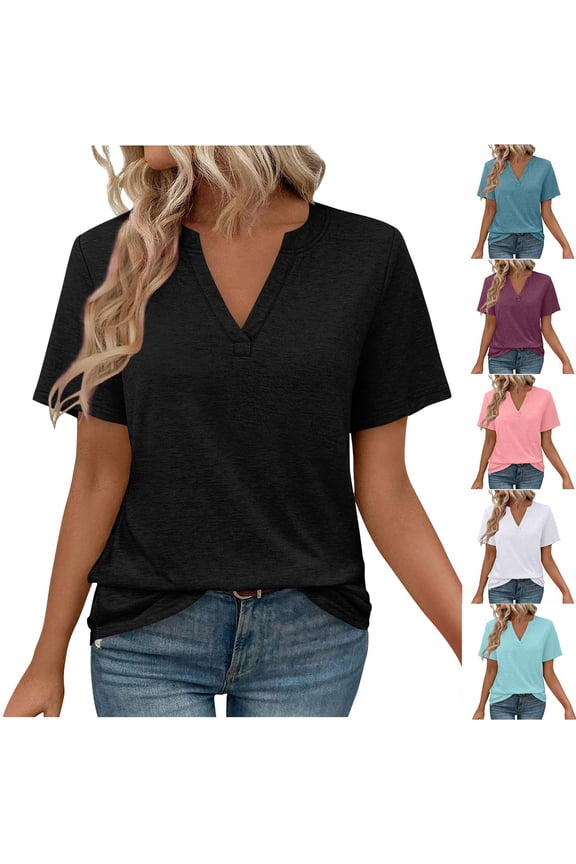 Women's Solid Color V-Neck Short Sleeve Blouse, Slim Fit Casual Top with Flattering Neckline for Summer Style