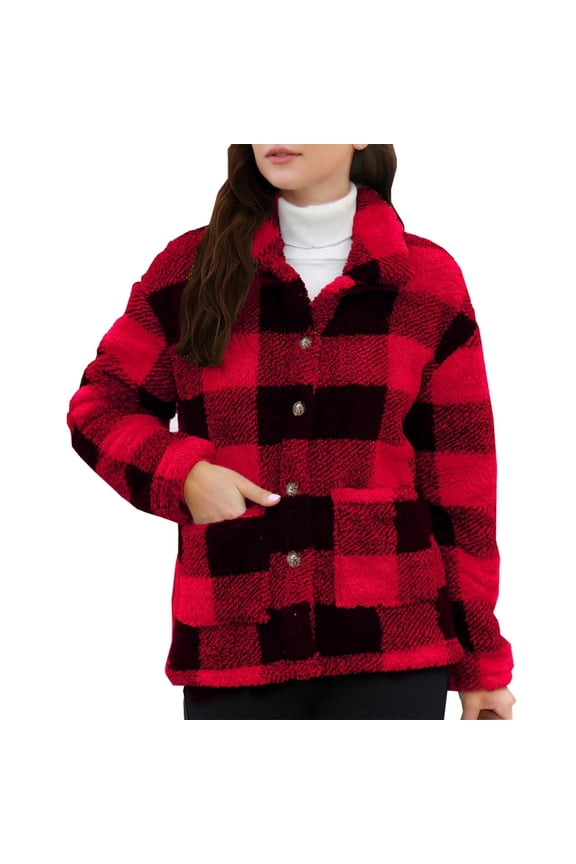Ladies' Winter Plaid Turtleneck Jacket with Long Sleeves, Soft Fleece Lined Coat for Casual Cold Weather Wear