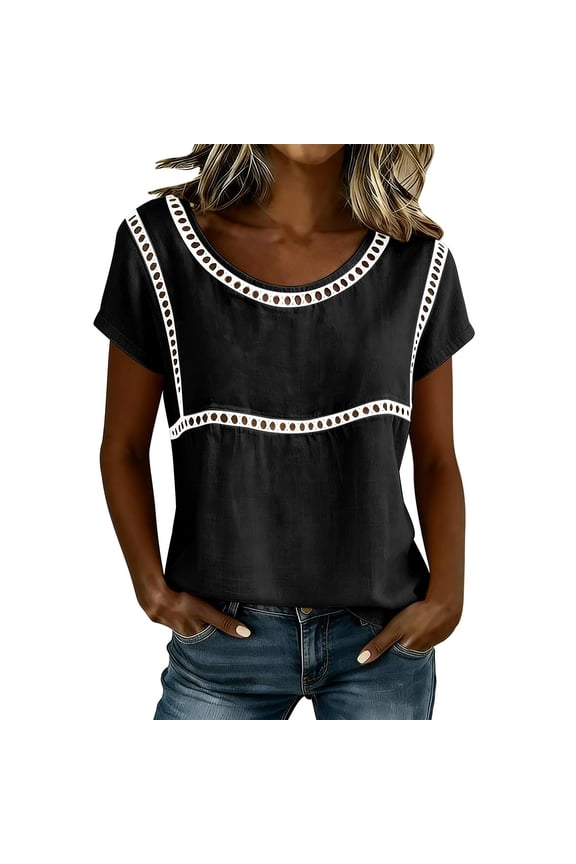 Women's Solid Short Sleeve Linen Blend Top Casual Round Neck Eyelet Lace Trim Blouse Summer Fashion Tunic Shirt
