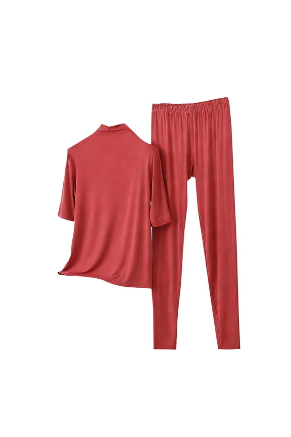 Women’s Stand-Up Collar Half Sleeve Pajama Set - Modal Cotton Polyester Blend Straight-Leg Pants, Spring Fall Sleepwear