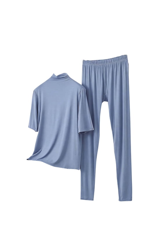 Women’s Stand-Up Collar Half Sleeve Pajama Set - Modal Cotton Polyester Blend Straight-Leg Pants, Spring Fall Sleepwear