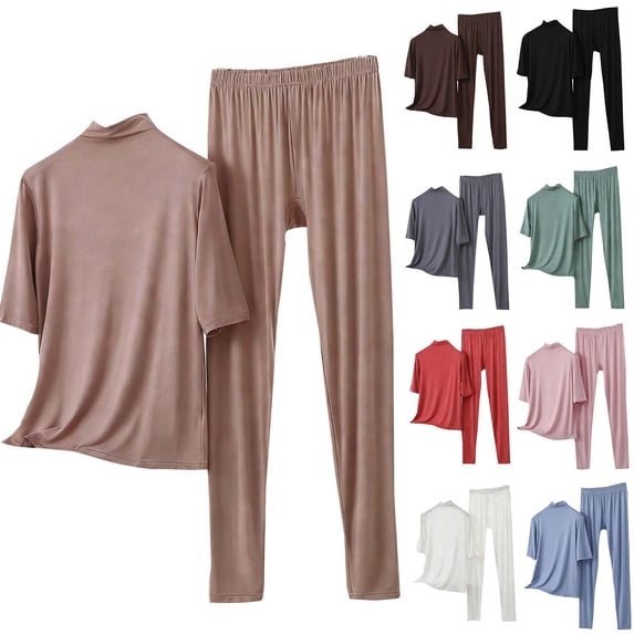 Paiwinds Women's Pajama Set - Stand-Up Collar Half Sleeve Top & Straight-Leg Pants, Cotton Blend Lightweight Sleepwear for Spring and Fall