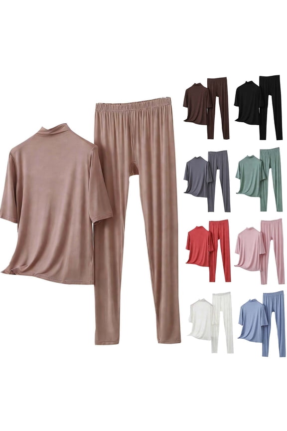 Women’s Stand-Up Collar Half Sleeve Pajama Set - Modal Cotton Polyester Blend Straight-Leg Pants, Spring Fall Sleepwear