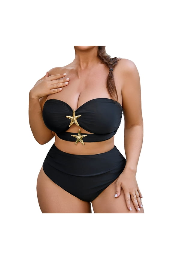 Women’s Starfish Accent Underwire Bikini Set, Halter Neck Padded Bra & Tie Side Bottoms, Cute Two-Piece Swimsuit for Summer Vacation Pool Party