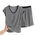 thumbnail image 1 of Paiwinds Women's Pajama Set - V-Neck Short Sleeve Stripe Print with Bow Detail, Cotton Blend Soft Breathable Fabric, Summer Home Sleepwear, 1 of 3