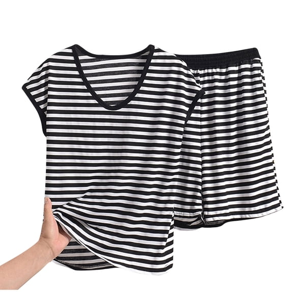 Paiwinds Women's Pajama Set - V-Neck Short Sleeve Stripe Print with Bow Detail, Cotton Blend Soft Breathable Fabric, Summer Home Sleepwear