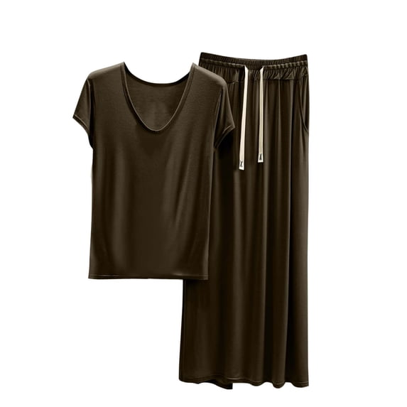 Paiwinds Women's Pajama Set - Short Sleeve Scoop Neck Top with Drawstring Skirt, Soft Cotton Blend Relaxed Home Wear