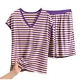 thumbnail image 1 of Paiwinds Women's Pajama Set - V-Neck Short Sleeve Stripe Print with Bow Detail, Cotton Blend Soft Breathable Fabric, Summer Home Sleepwear, 1 of 3