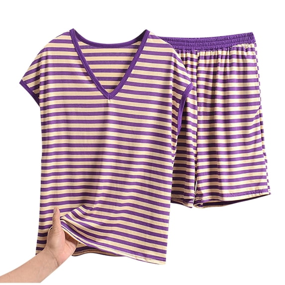Paiwinds Women's Pajama Set - V-Neck Short Sleeve Stripe Print with Bow Detail, Cotton Blend Soft Breathable Fabric, Summer Home Sleepwear