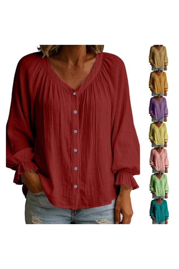 Women's Summer Casual Blouses V-Neck Button Down Long Puff Sleeve Shirts Relaxed Fit Flowy Solid Color Loose Fit Tops for Women